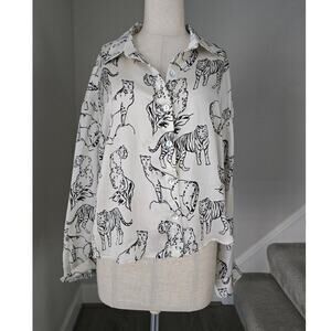 Cynthia Rowley 100% Silk Big Cats Buttoned Long Sleeve Shirt Size L
